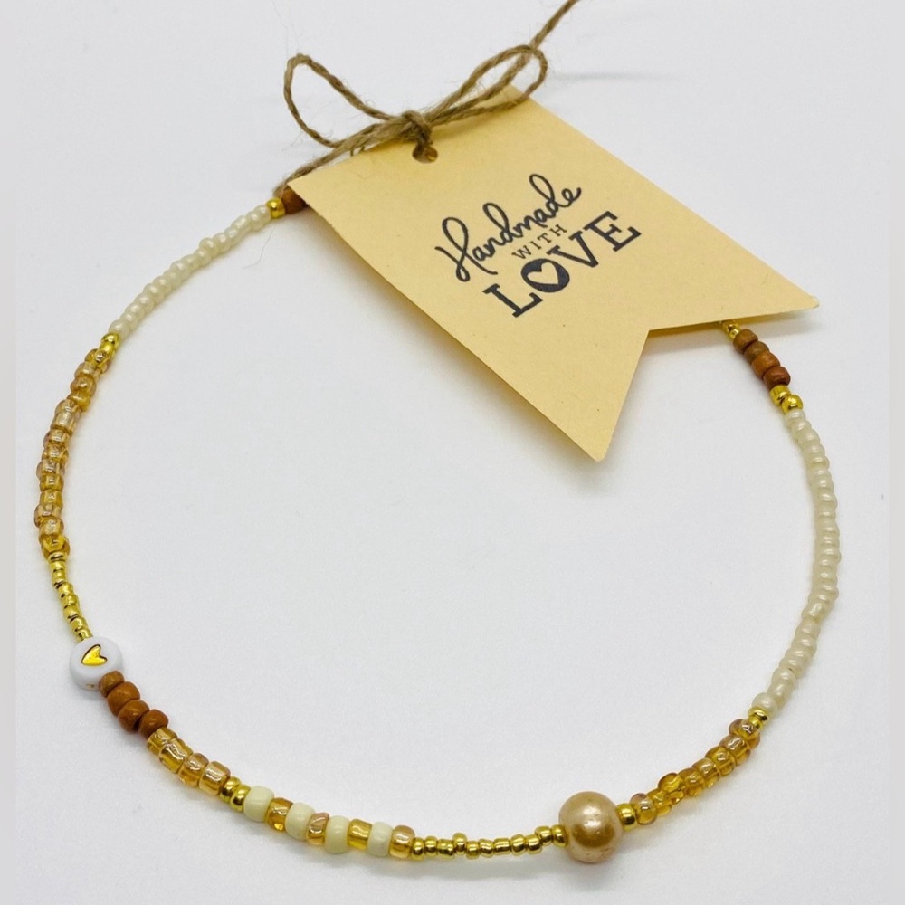 Cream Tan Gold Beaded Necklace Heart Pearl Charms Boho Y2K Fall Festival Preppy - Picture 6 of 7